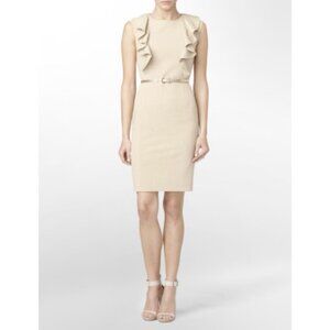 Calvin Klein Pencil Dress Beige Ruffles Sleeveless Gold Belted Preppy Corpcore 4